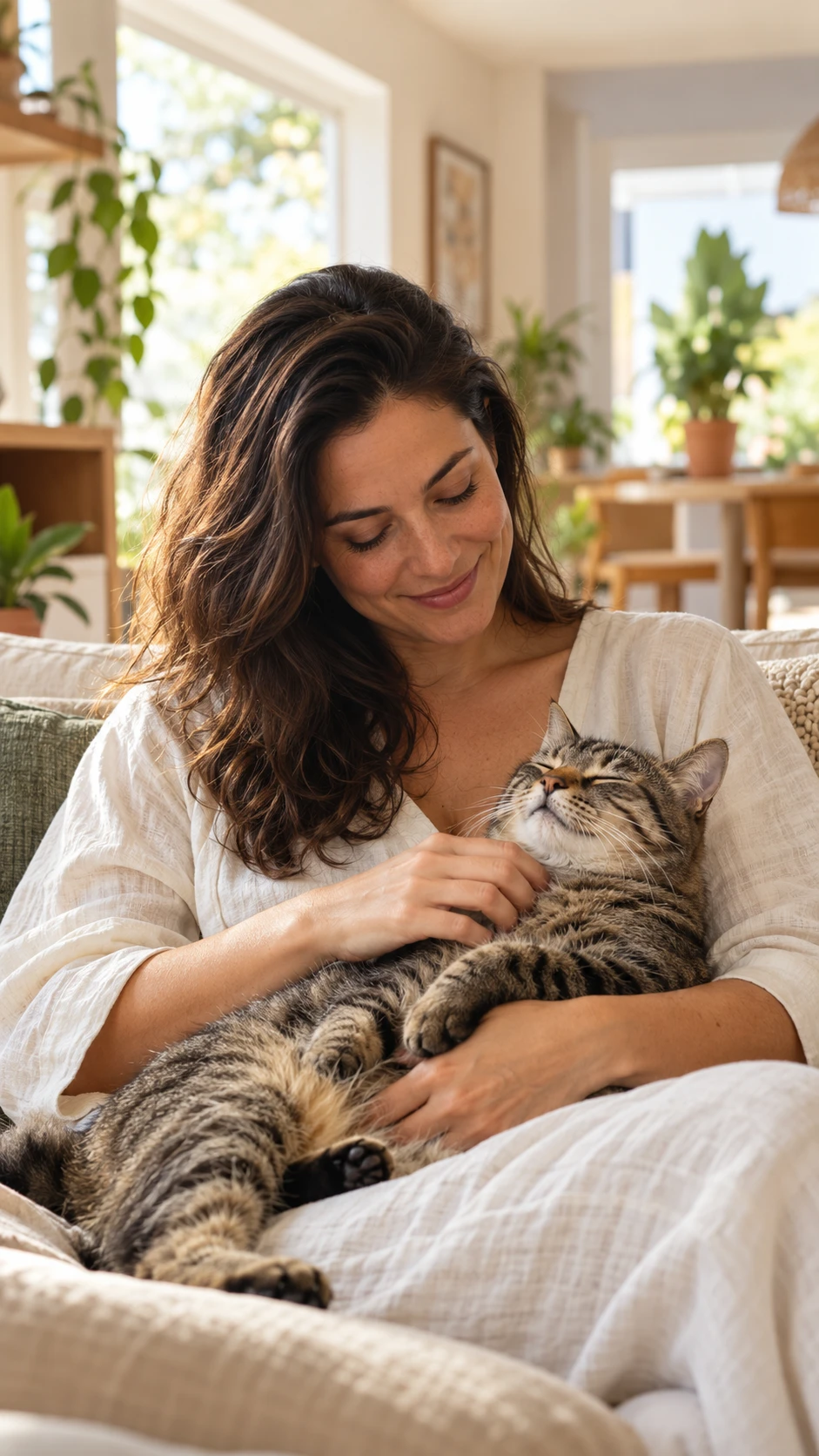 Mulher com um gato no colo em uma sala acolhedora.